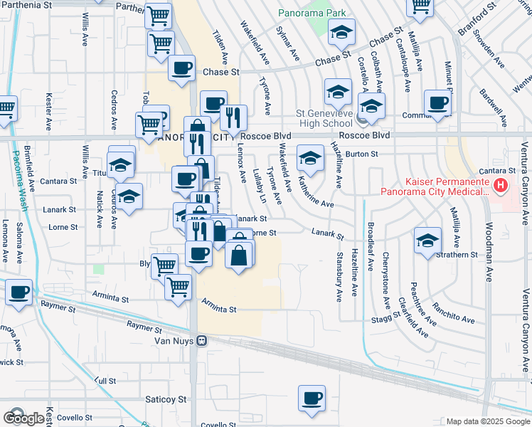 map of restaurants, bars, coffee shops, grocery stores, and more near 8051 Lullaby Lane in Los Angeles
