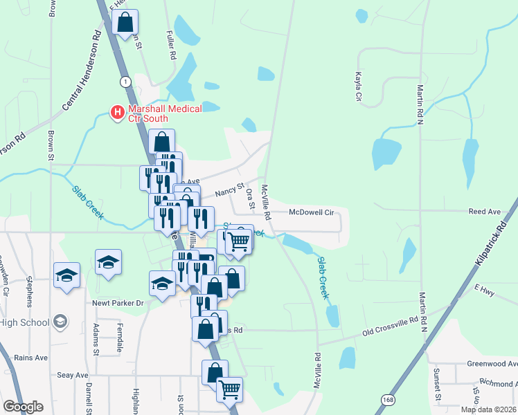 map of restaurants, bars, coffee shops, grocery stores, and more near 54 Ora Street in Boaz