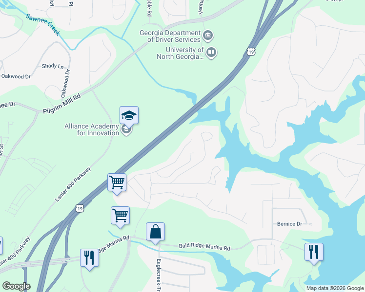 map of restaurants, bars, coffee shops, grocery stores, and more near 1343 Elderwood Way in Cumming