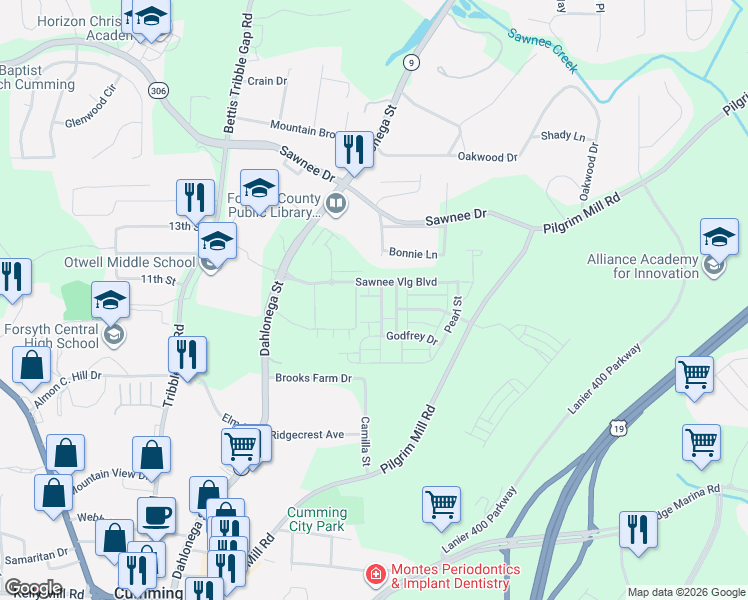 map of restaurants, bars, coffee shops, grocery stores, and more near 101 Bonnie Lane in Cumming