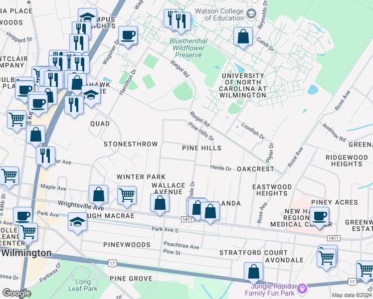 map of restaurants, bars, coffee shops, grocery stores, and more near 5024 Barefoot Drive in Wilmington
