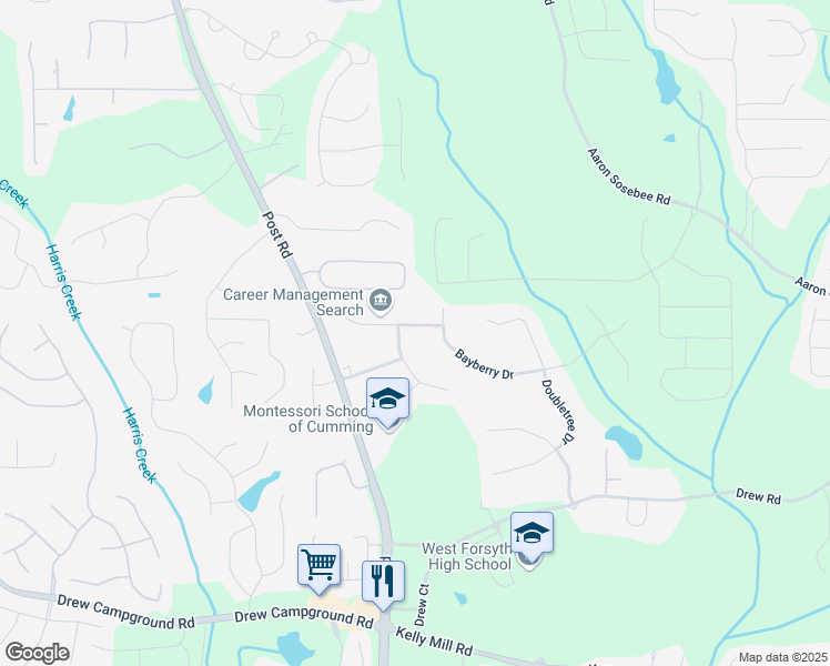 map of restaurants, bars, coffee shops, grocery stores, and more near 4720 Newberry Drive in Cumming