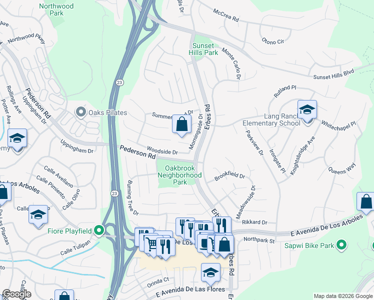 map of restaurants, bars, coffee shops, grocery stores, and more near 1915 Woodside Drive in Thousand Oaks