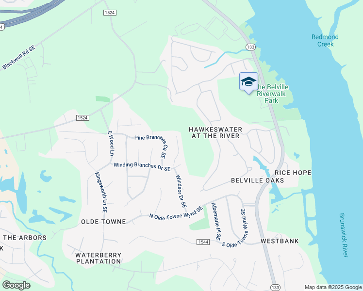 map of restaurants, bars, coffee shops, grocery stores, and more near 628 Windsor Drive Southeast in Leland