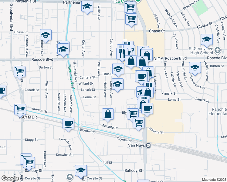 map of restaurants, bars, coffee shops, grocery stores, and more near 8054 Cedros Avenue in Los Angeles