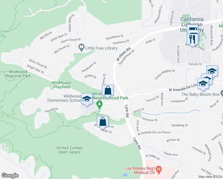 map of restaurants, bars, coffee shops, grocery stores, and more near 550 Timberwood Avenue in Thousand Oaks