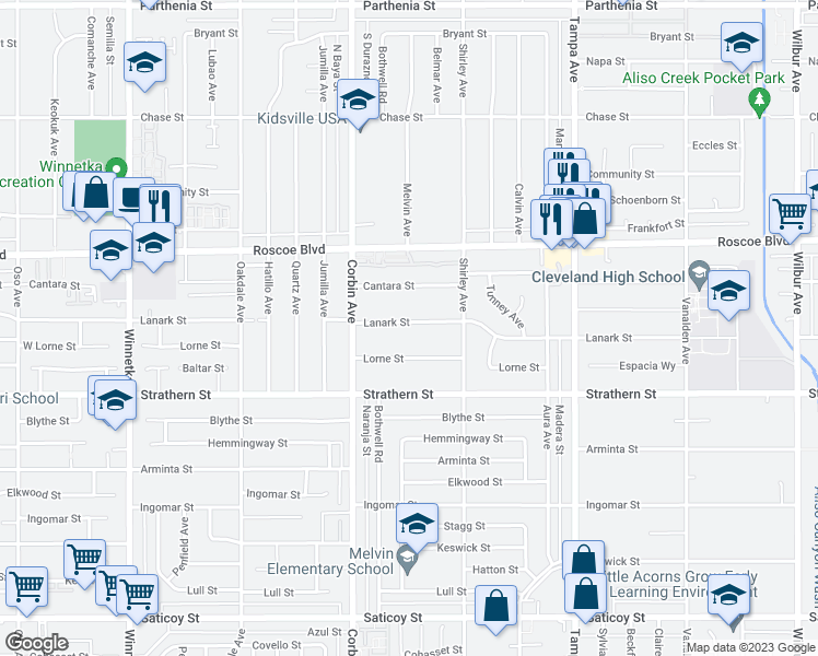 map of restaurants, bars, coffee shops, grocery stores, and more near 19560 Lanark Street in Los Angeles