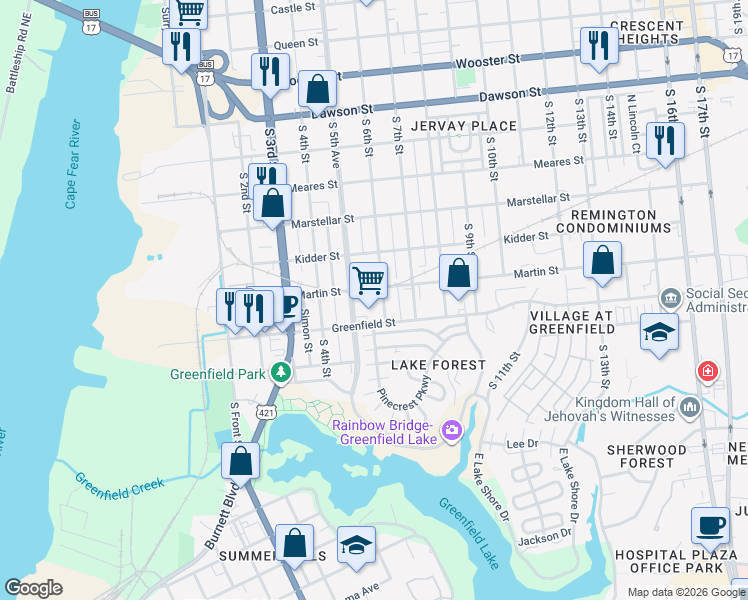map of restaurants, bars, coffee shops, grocery stores, and more near 1408 South 6th Street in Wilmington
