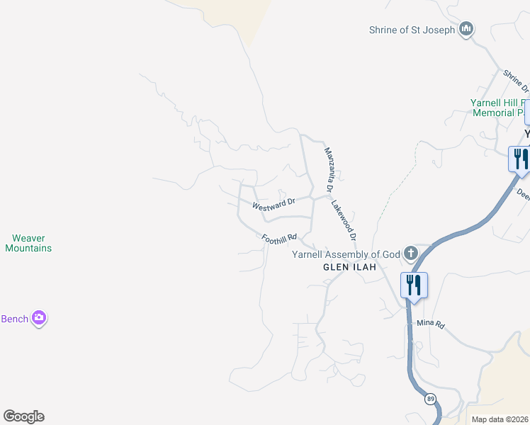 map of restaurants, bars, coffee shops, grocery stores, and more near 17575 Westward Drive in Yarnell