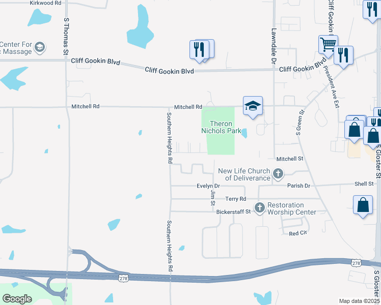 map of restaurants, bars, coffee shops, grocery stores, and more near 1901 Parkwood Drive in Tupelo