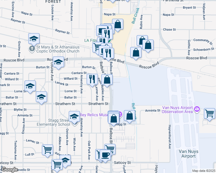 map of restaurants, bars, coffee shops, grocery stores, and more near 16914 Lanark Street in Los Angeles