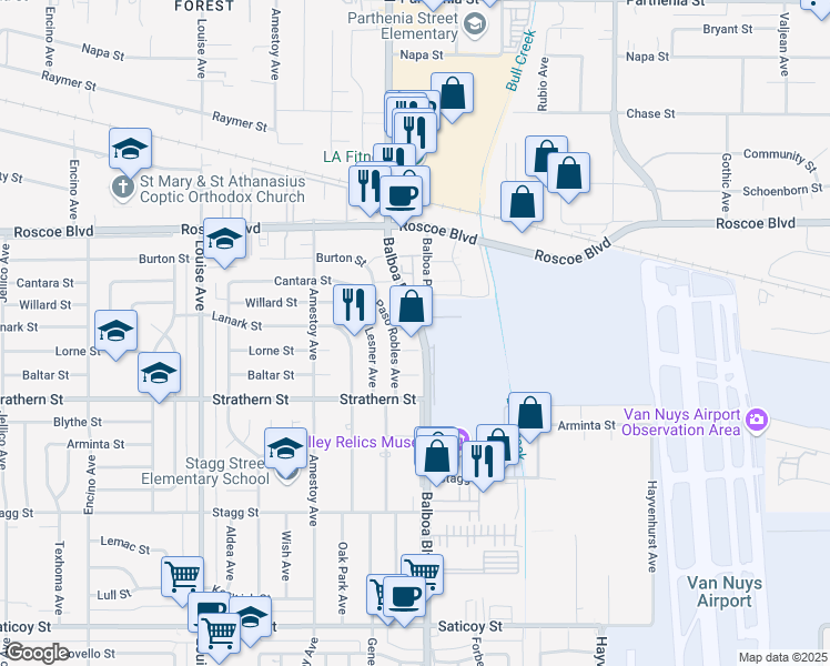 map of restaurants, bars, coffee shops, grocery stores, and more near 16914 Lanark Street in Los Angeles