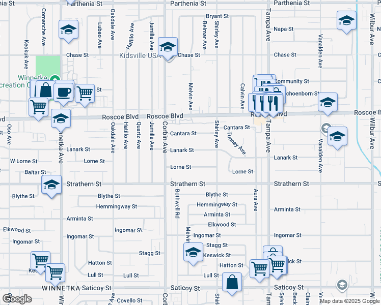map of restaurants, bars, coffee shops, grocery stores, and more near 19562 Lanark Street in Los Angeles