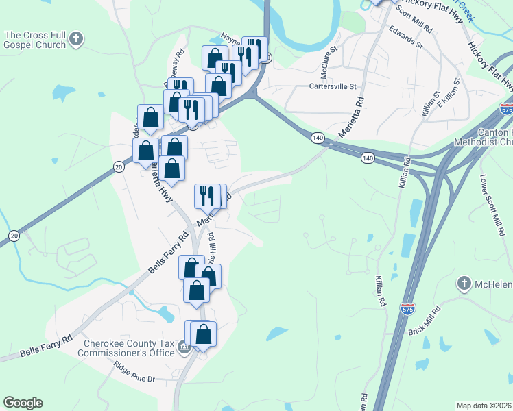 map of restaurants, bars, coffee shops, grocery stores, and more near 1010 Marietta Road in Canton