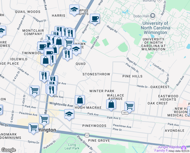 map of restaurants, bars, coffee shops, grocery stores, and more near 4914 Seabrook Court in Wilmington