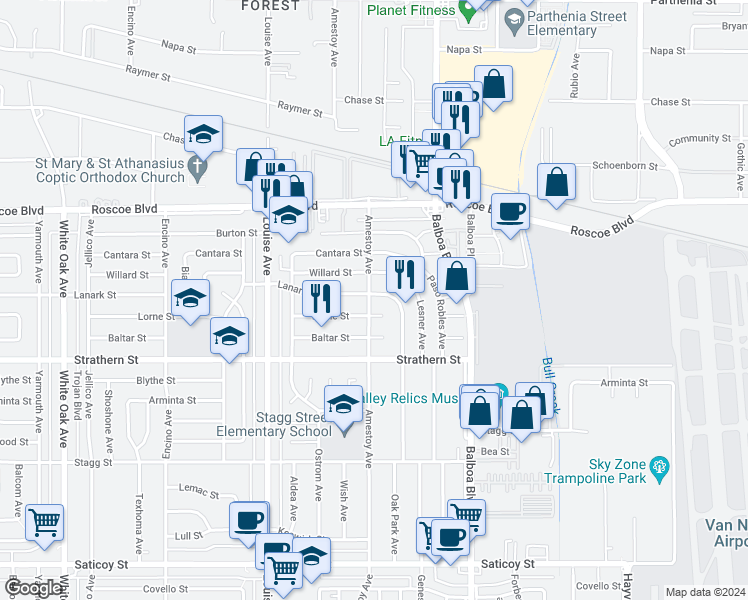map of restaurants, bars, coffee shops, grocery stores, and more near 17112 Lanark Street in Los Angeles