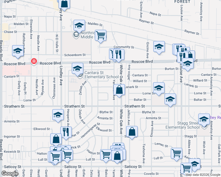 map of restaurants, bars, coffee shops, grocery stores, and more near 8106 Lanark Street in Los Angeles