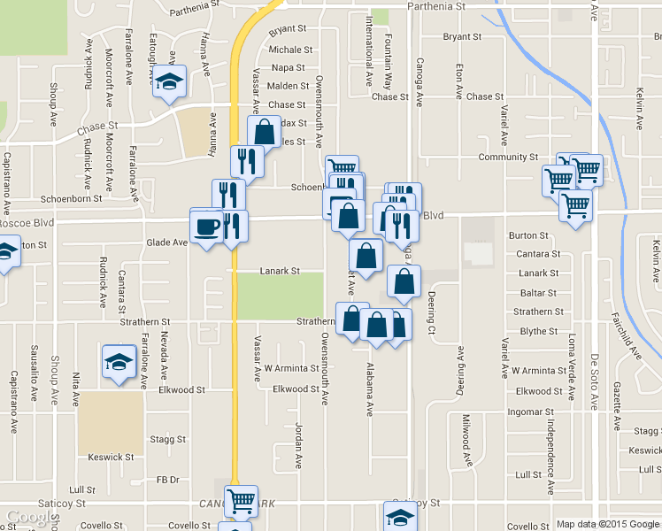 map of restaurants, bars, coffee shops, grocery stores, and more near 8211 Owensmouth Avenue in Los Angeles