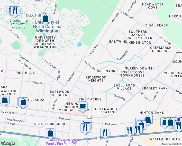 map of restaurants, bars, coffee shops, grocery stores, and more near 5325 Ridgewood Heights Drive in Wilmington