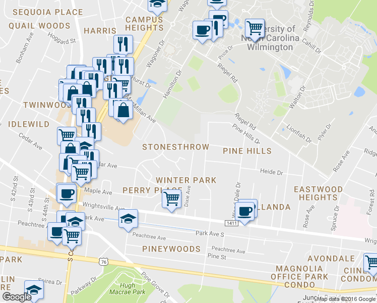 map of restaurants, bars, coffee shops, grocery stores, and more near 806 Seabury Court in Wilmington