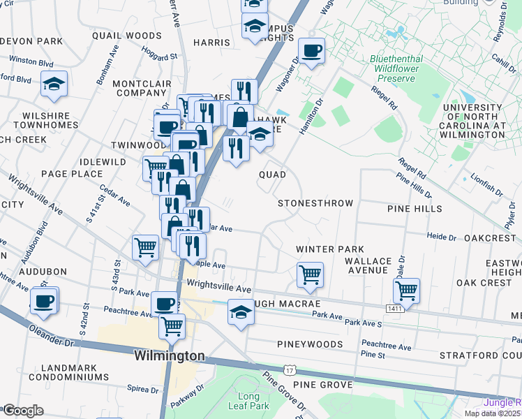 map of restaurants, bars, coffee shops, grocery stores, and more near 401 North MacMillan Avenue in Wilmington