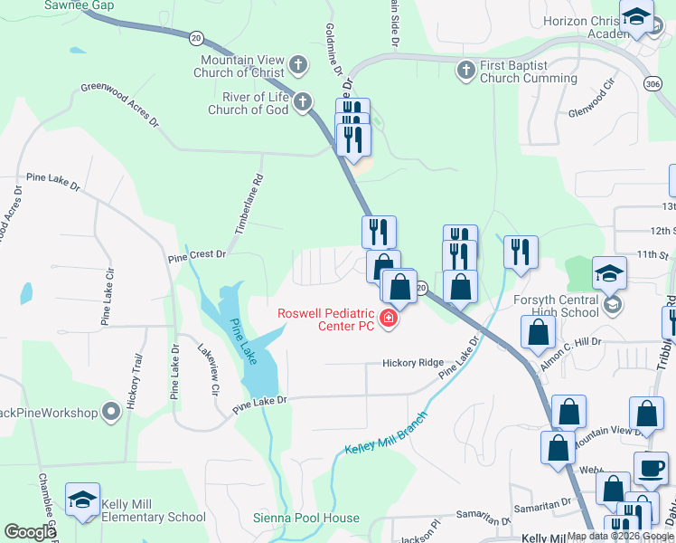 map of restaurants, bars, coffee shops, grocery stores, and more near 591 Sawnee Corners Drive in Cumming