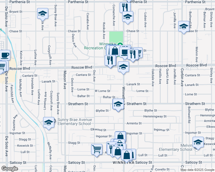 map of restaurants, bars, coffee shops, grocery stores, and more near 20212 Lanark Street in Los Angeles