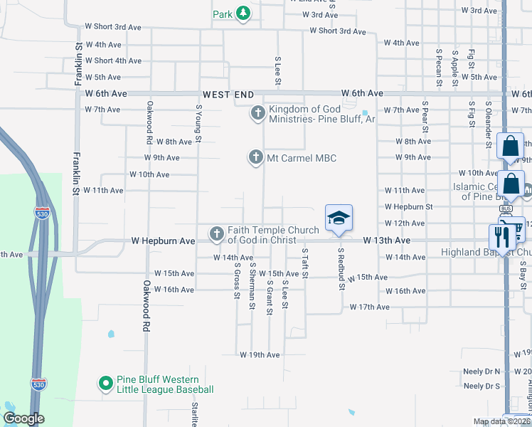 map of restaurants, bars, coffee shops, grocery stores, and more near 1121 South Grant Street in Pine Bluff
