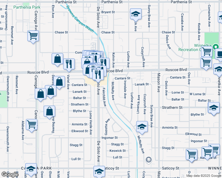 map of restaurants, bars, coffee shops, grocery stores, and more near 8119 McNulty Avenue in Los Angeles
