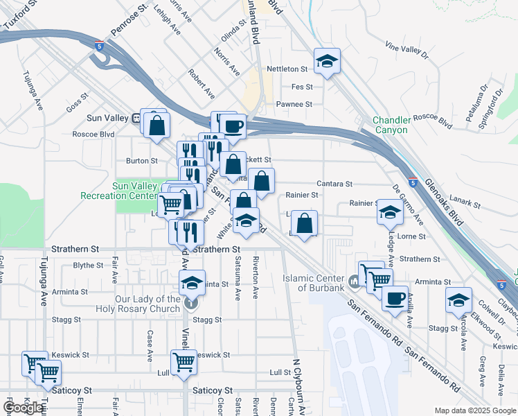 map of restaurants, bars, coffee shops, grocery stores, and more near 8088 San Fernando Road in Los Angeles