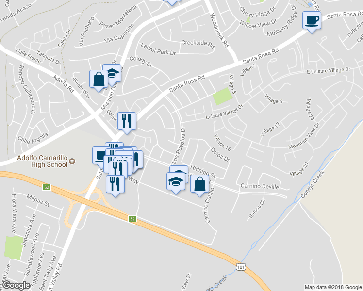 map of restaurants, bars, coffee shops, grocery stores, and more near Los Pueblos Drive & Mariposa Place in Camarillo