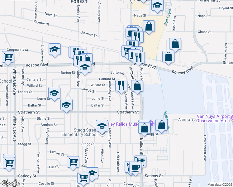 map of restaurants, bars, coffee shops, grocery stores, and more near 8155 Genesta Avenue in Los Angeles