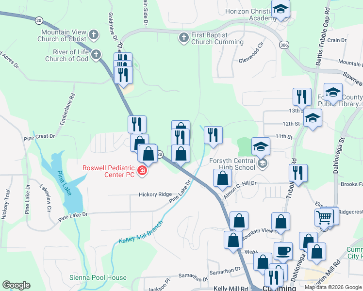 map of restaurants, bars, coffee shops, grocery stores, and more near 433 Canton Road in Cumming