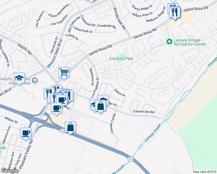 map of restaurants, bars, coffee shops, grocery stores, and more near 16 Baroda Drive in Camarillo