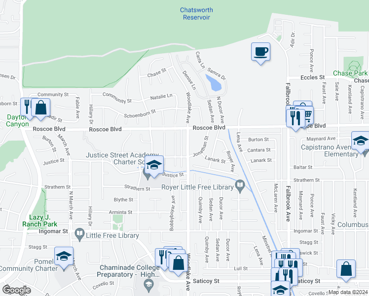 map of restaurants, bars, coffee shops, grocery stores, and more near 8141 Woodlake Avenue in Los Angeles