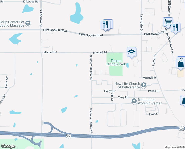 map of restaurants, bars, coffee shops, grocery stores, and more near 1 Woodmere Circle in Tupelo