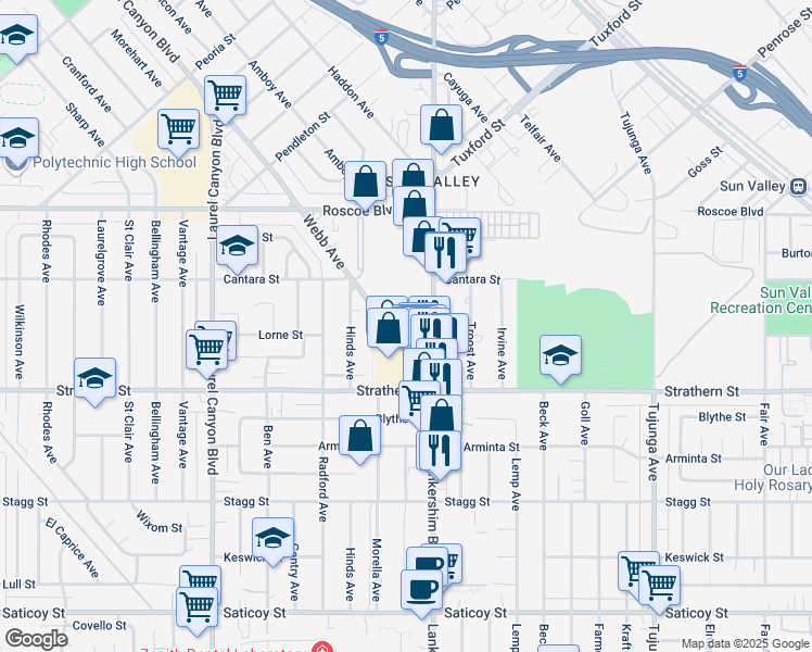 map of restaurants, bars, coffee shops, grocery stores, and more near 8062 Webb Avenue in Los Angeles