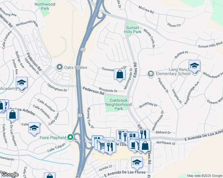 map of restaurants, bars, coffee shops, grocery stores, and more near 1835 Woodside Drive in Thousand Oaks