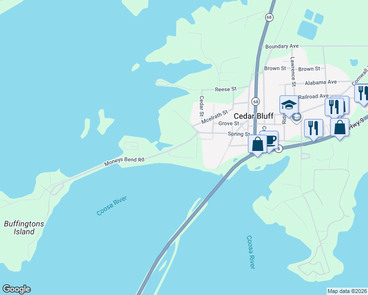 map of restaurants, bars, coffee shops, grocery stores, and more near 3115 Moneys Bend Road in Cedar Bluff