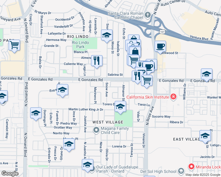 map of restaurants, bars, coffee shops, grocery stores, and more near 1304 Vaquero Drive in Oxnard