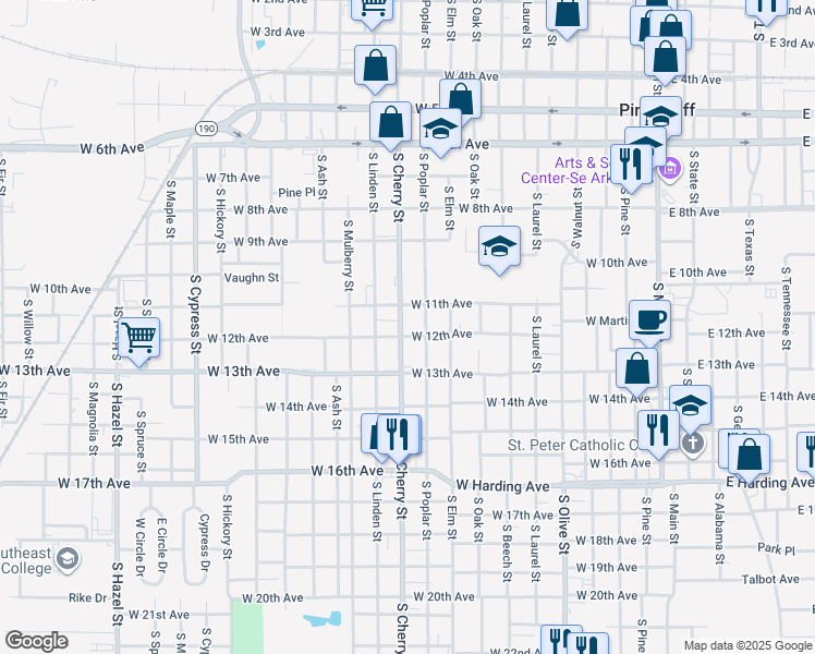 map of restaurants, bars, coffee shops, grocery stores, and more near 1115 South Cherry Street in Pine Bluff