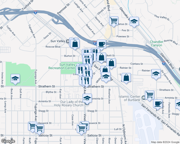 map of restaurants, bars, coffee shops, grocery stores, and more near 8132B Sunland Boulevard in Los Angeles