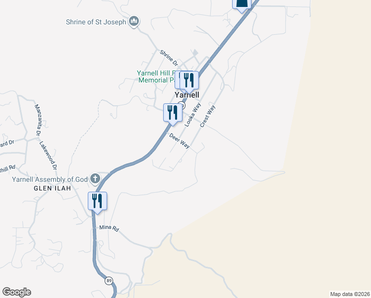 map of restaurants, bars, coffee shops, grocery stores, and more near 22880 Crest Way in Yarnell