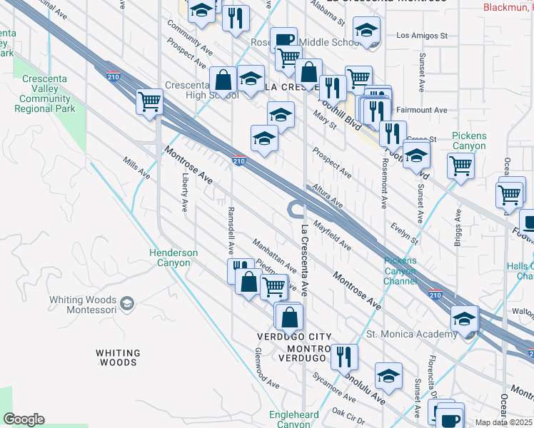 map of restaurants, bars, coffee shops, grocery stores, and more near 2905 Montrose Avenue in Glendale
