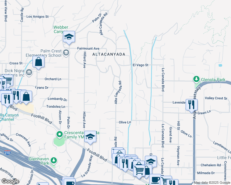 map of restaurants, bars, coffee shops, grocery stores, and more near 4953 Alta Canyada Road in La Cañada Flintridge