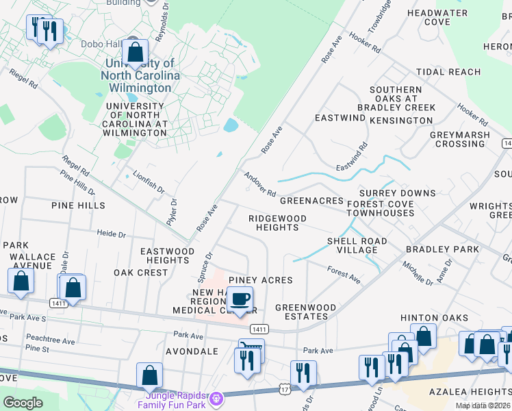map of restaurants, bars, coffee shops, grocery stores, and more near 5325 Ridgewood Heights Drive in Wilmington