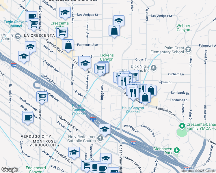 map of restaurants, bars, coffee shops, grocery stores, and more near 2384 Foothill Boulevard in La Cañada Flintridge