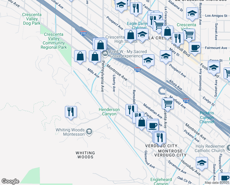 map of restaurants, bars, coffee shops, grocery stores, and more near 3115 Piedmont Avenue in Glendale