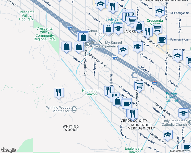 map of restaurants, bars, coffee shops, grocery stores, and more near 3115 Piedmont Avenue in Glendale