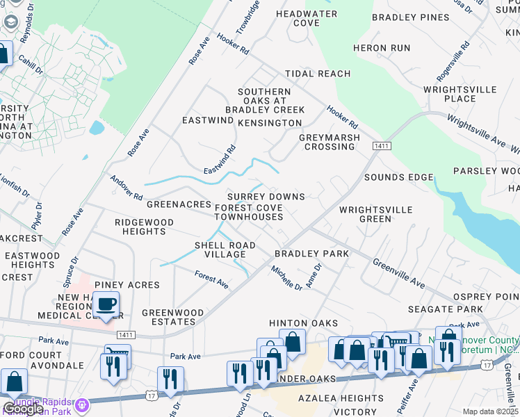 map of restaurants, bars, coffee shops, grocery stores, and more near 5813 Wrightsville Avenue in Wilmington